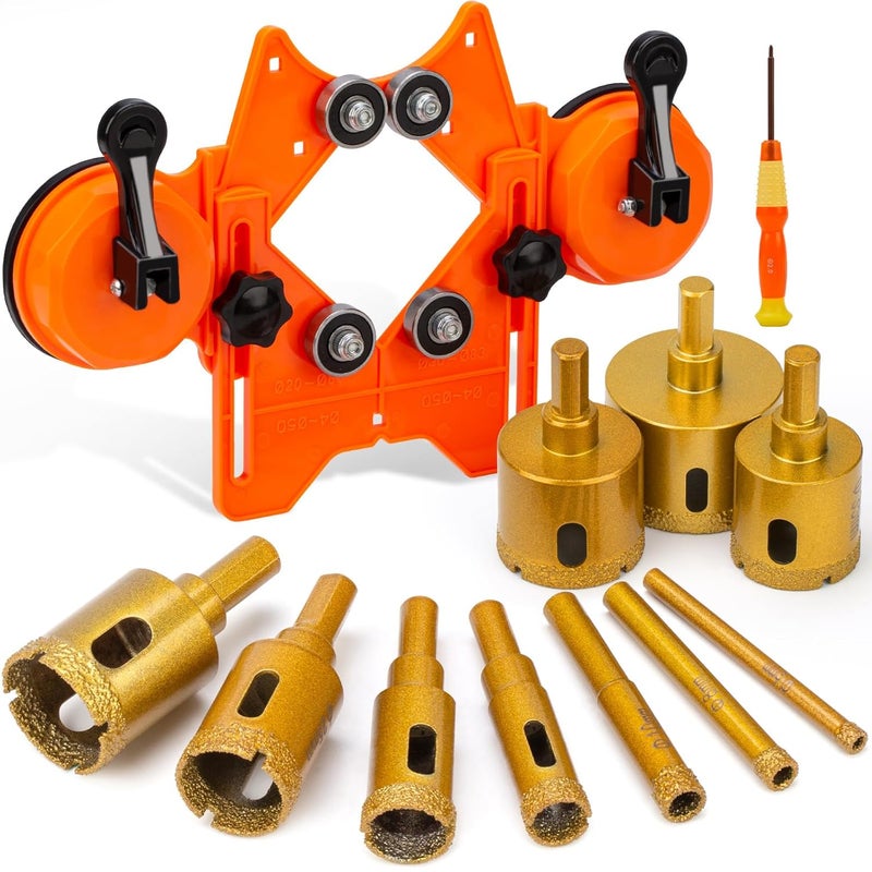 THINKWORK Diamond Drill Bits, Dry/Wet Brazing Hollow Drill Hole Saw Kit, 12 PCS Tile Opener (1/4"-2”) with Double Suction Cups Hole Saw Guide Jig, Suitable for Glass, Ceramic, Tile, Marble, Porcelain - Image 1